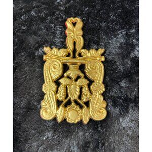 Vintage Gold-Tone Trivet Wall Plaque With Floral Scroll & Grapevine Design